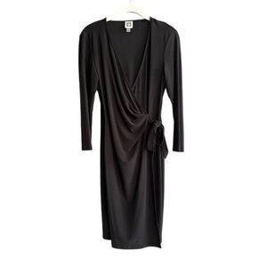 Anne Klein Faux Wrap Dress 3/4 Sleeve Stretch Jersey Black Size 6